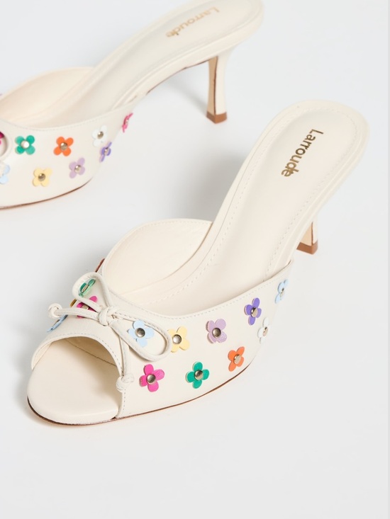 Larroude Shoes - Larroude Cream Slide Mules, Multicolor Flower Studs &Bow sz 7.5 nwot